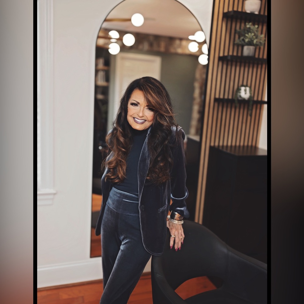 NORMA KAMALI Single Breasted Grey Velvet Jacket and Hi/rise boot cut pants. XXS